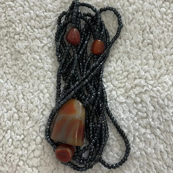 Multi-Strand Beaded Design Featuring Black Hematite Beads and Orange Agate. - Picture 9 of 11